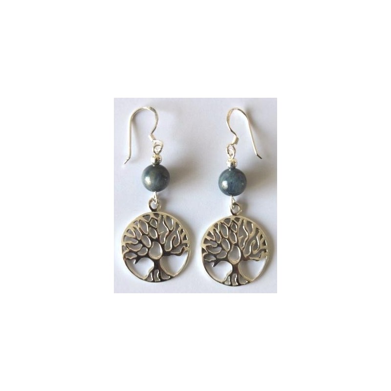 Boucles d'oreilles cyanite argent et arbre de vie Boucles d'oreilles cyanite argent et arbre de vie