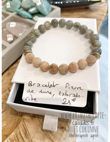Bracelet labradorite pierre de lune et rondelles laiton