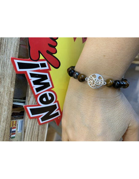 Bracelet triple protection Hématite Obsidienne Noire Oeil De Tigre connecteur arbre de vie argent 925 découpé