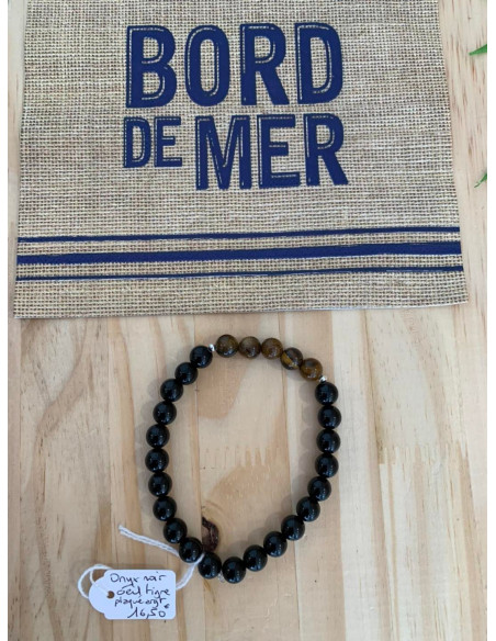 Bracelet homme mix onyx noir et œil de tigre perles plaqué argent