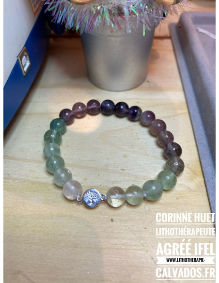 Bracelet fluorite multicolore et arbre de vie argent plein Bracelet fluorite multicolore et arbre de vie argent plein