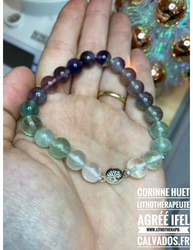 Bracelet fluorite multicolore et arbre de vie argent plein