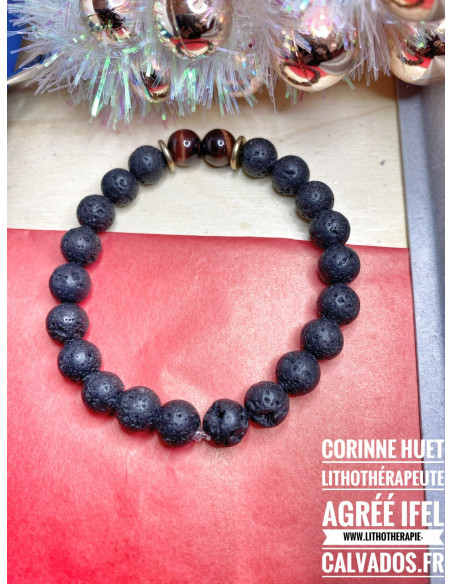 Bracelet mix pierre de lave Oeil de taureau et laiton