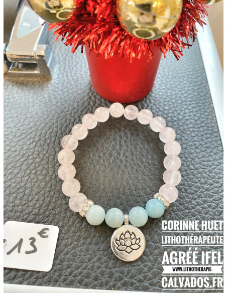 Bracelet Lotus mix quartz rose et Amazonite strass