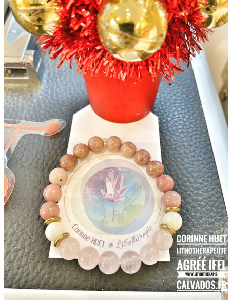 Bracelet quartz rose rhodonite nacre laiton