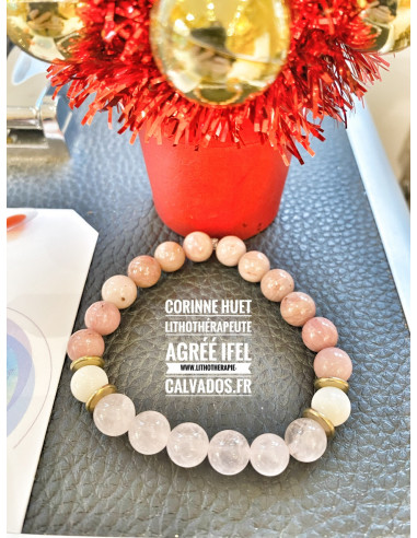 Bracelet quartz rose rhodonite nacre laiton