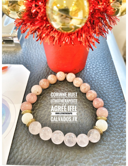 Bracelet quartz rose rhodonite nacre laiton