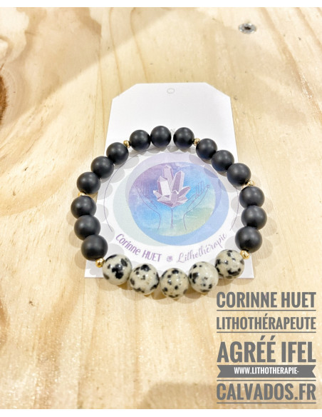 Bracelet homme mix onyx noir mat et jaspe dalmatien perles plaqué or