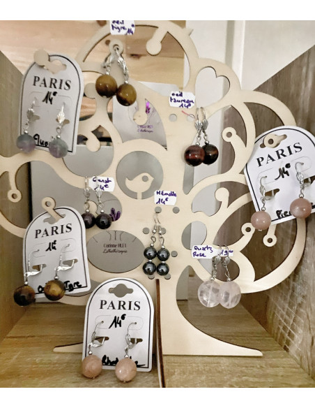 Boucles d'oreilles acier quartz rose ronde plate