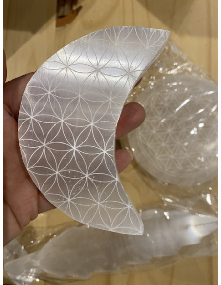 sélénite blanche lune gravure fleur de vie