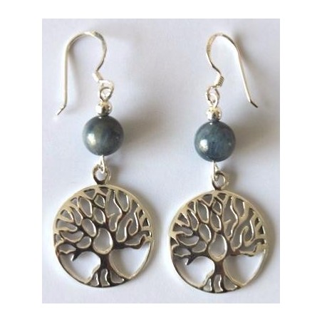 Boucles d'oreilles cyanite argent et arbre de vie Boucles d'oreilles cyanite argent et arbre de vie