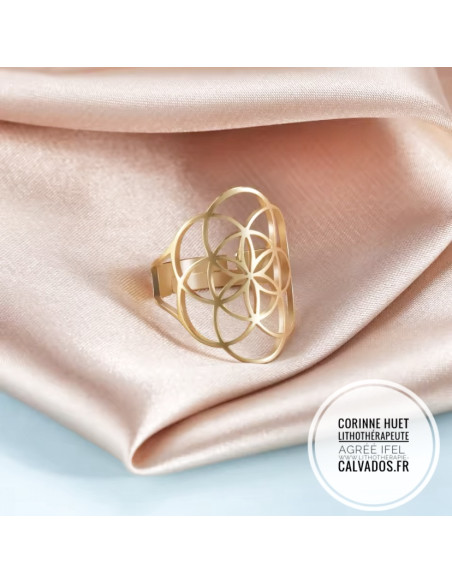 bague acier inoxydable doré fleur de vie