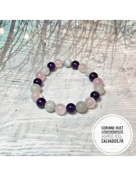 bracelet quartz rose, améthyste et aigue marine bracelet quartz rose, améthyste et aigue marine